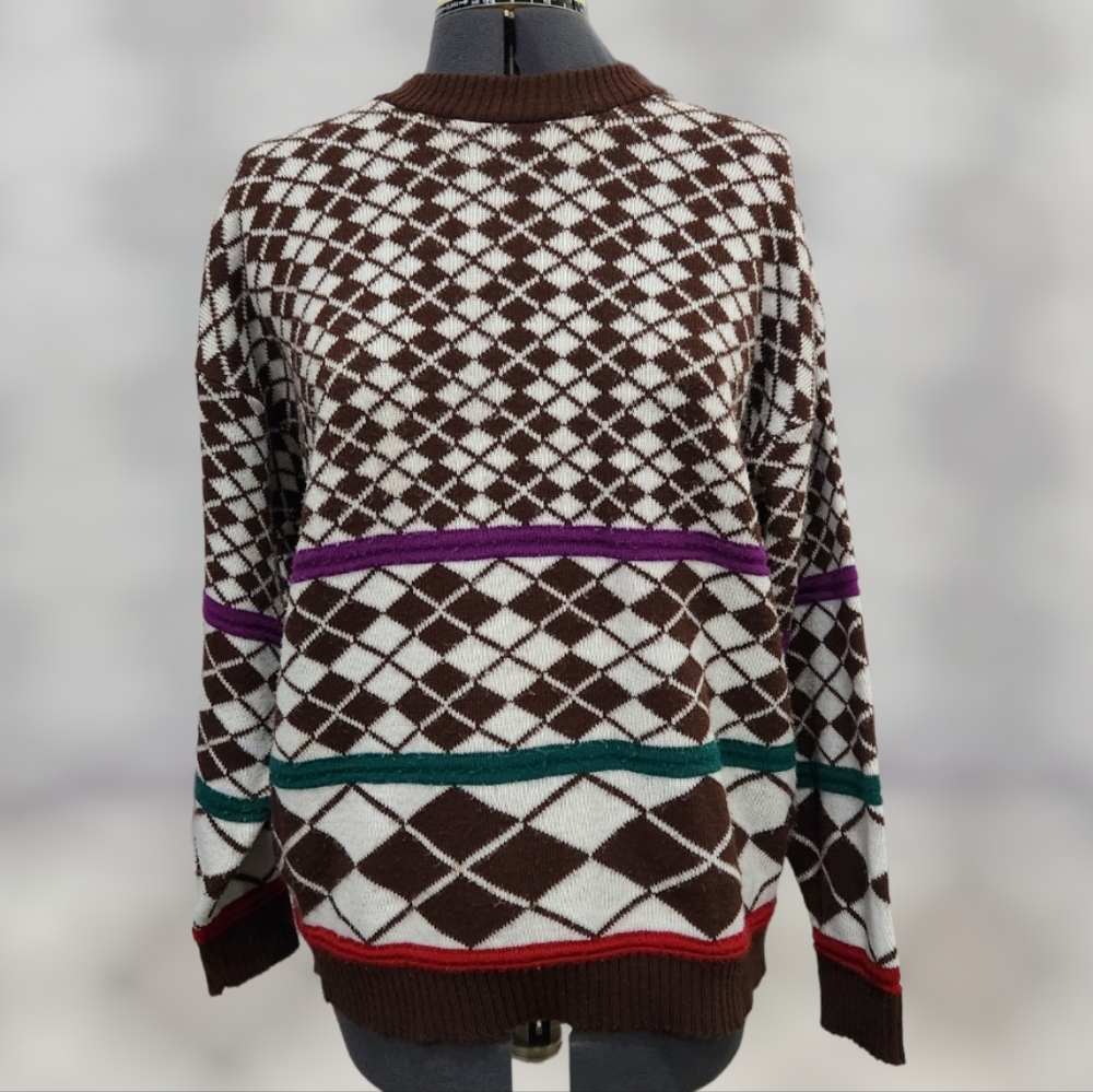 Cabin Creek brown white argyle sweater women's size Large
